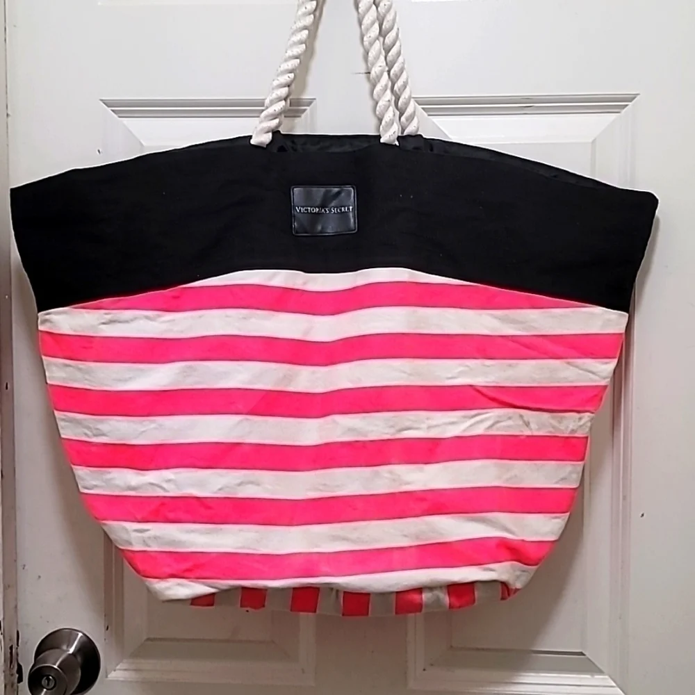 Victoria's Secret Tote Bag Women's 22 x 19 Pink‎ White Striped Canvas Beach Bag